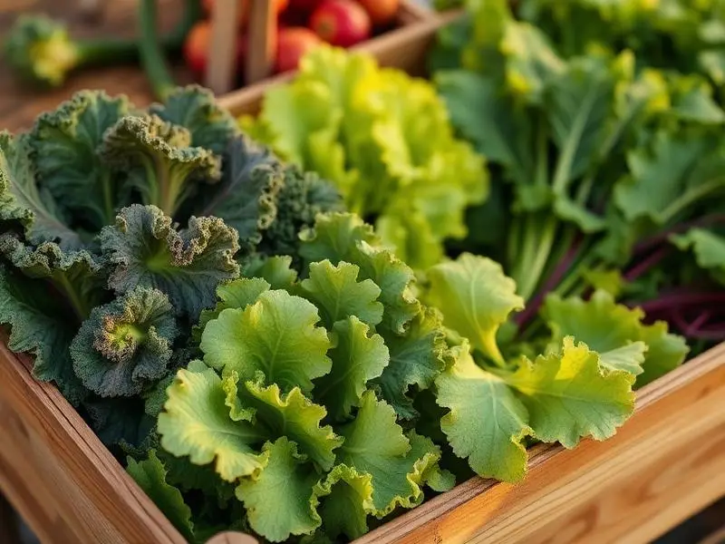 Freshly cut lettuce, kale, and chard in a wooden crate