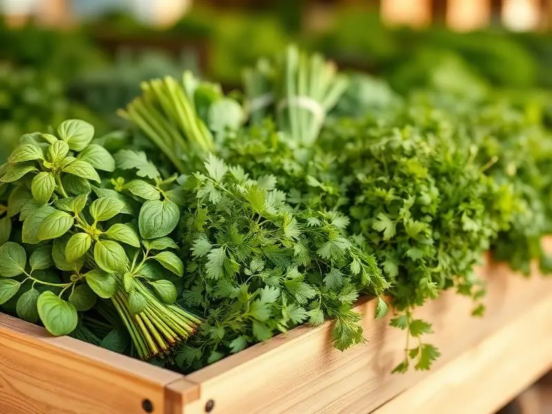 Bunches of basil, cilantro, parsley, and oregano in a wooden crate