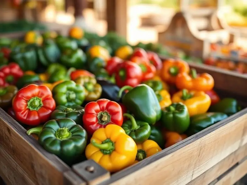 Red, green, and yellow sweet peppers in a wooden crate