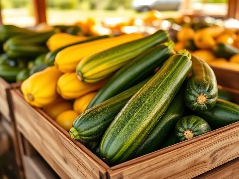 Zucchini and pattypan squash stacked in a wooden crate