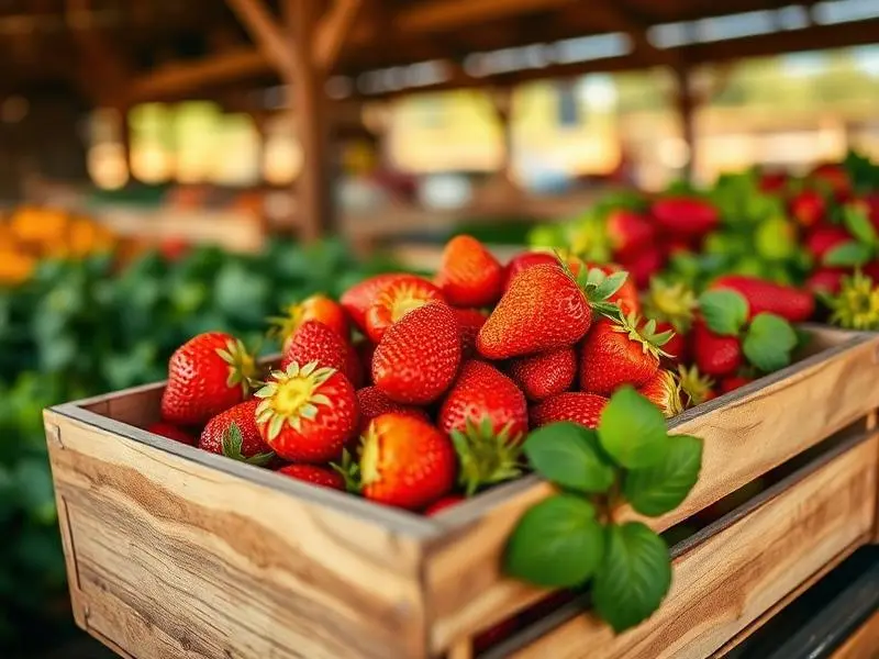 Ripe strawberries in a wooden crate at the farm stand