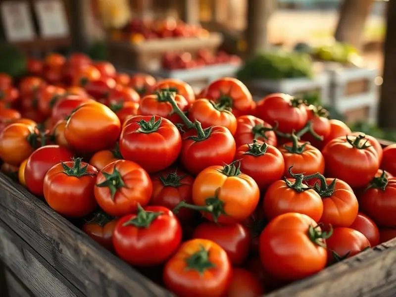 Ripe heirloom tomatoes filling a wooden crate at the farm stand