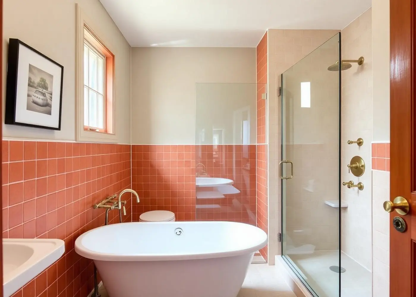 Renovated bathroom with a freestanding white tub, terracotta and cream tile, brass fixtures, and a glass walk-in shower
