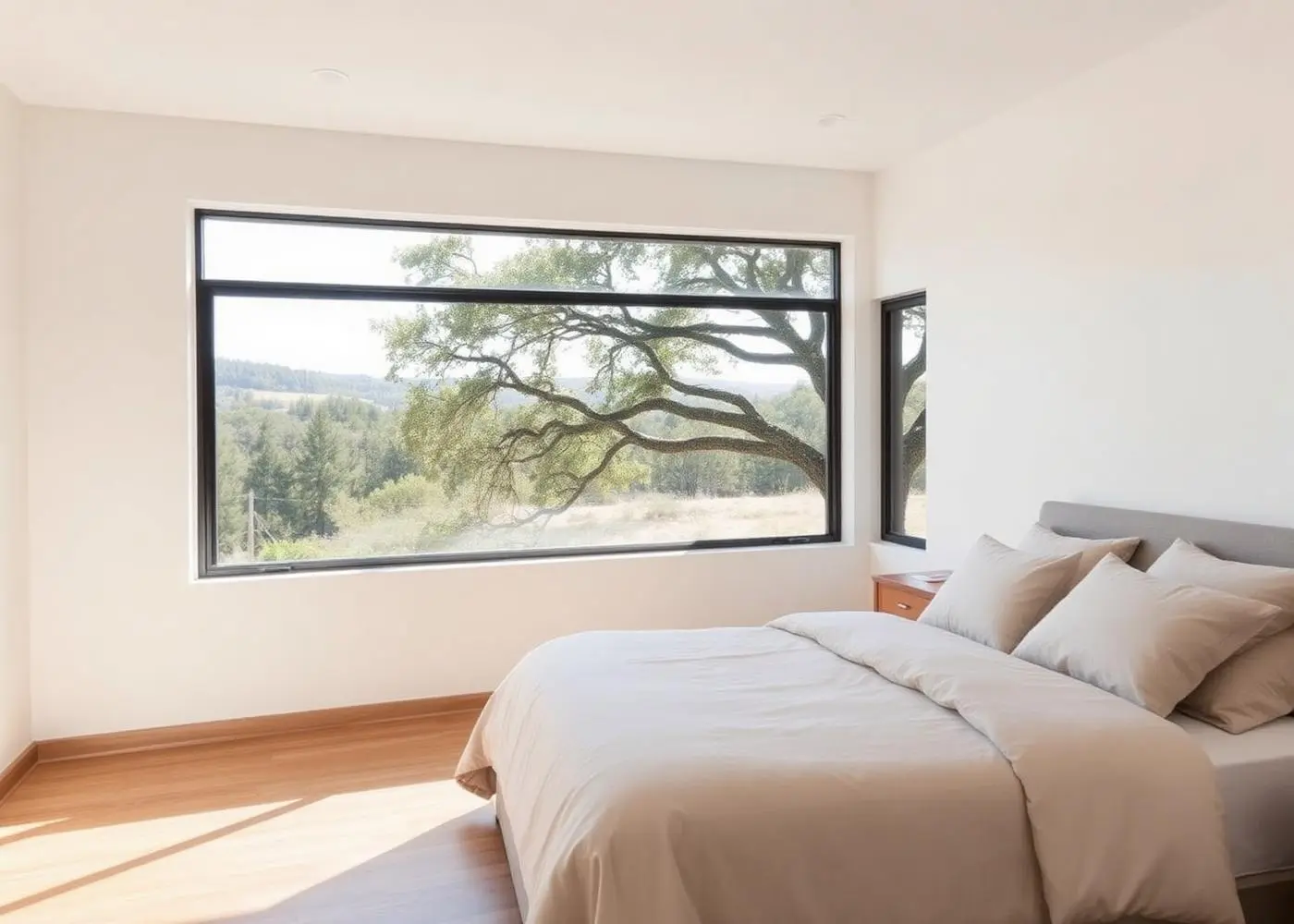 Primary bedroom with a wide picture window overlooking oak trees and hills, linen bedding, and wood floors