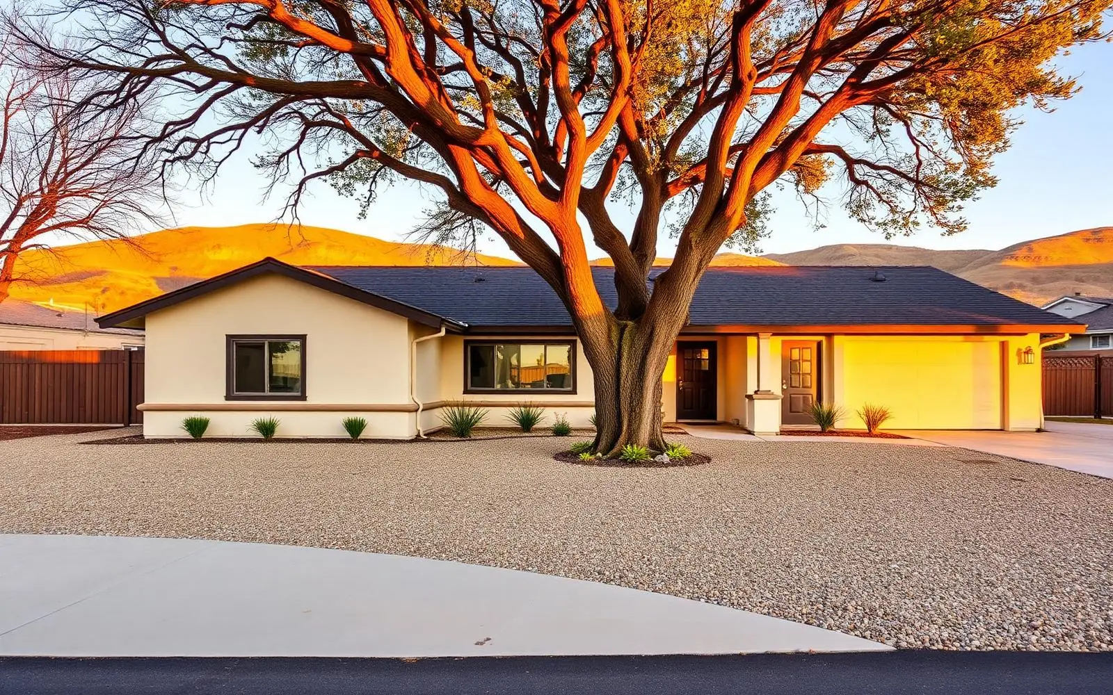 Renovated ranch house for sale at golden hour on the edge of Hollister