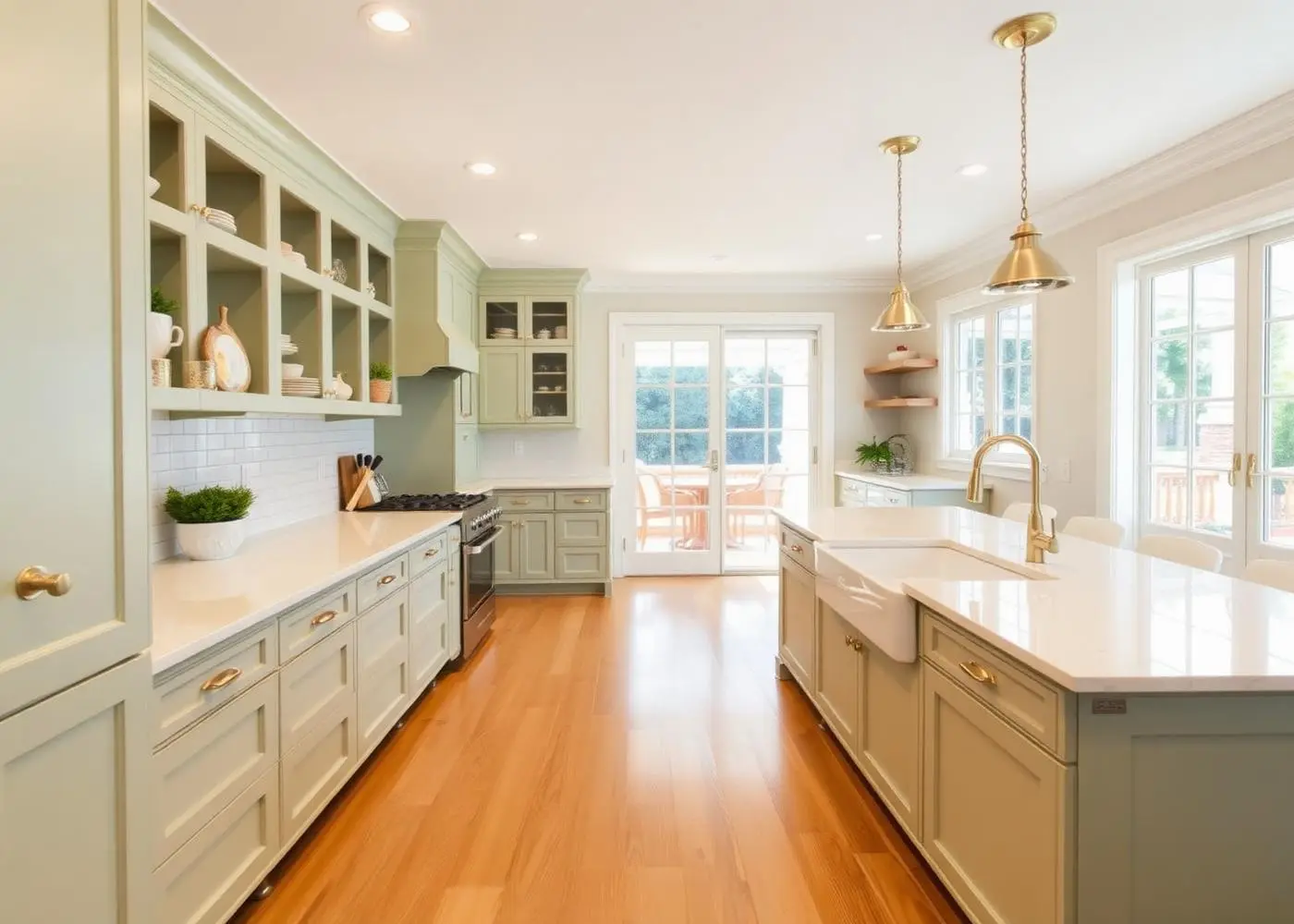 Bright kitchen with a long island, quartz counters, pale green cabinetry, brass hardware, and a farmhouse sink