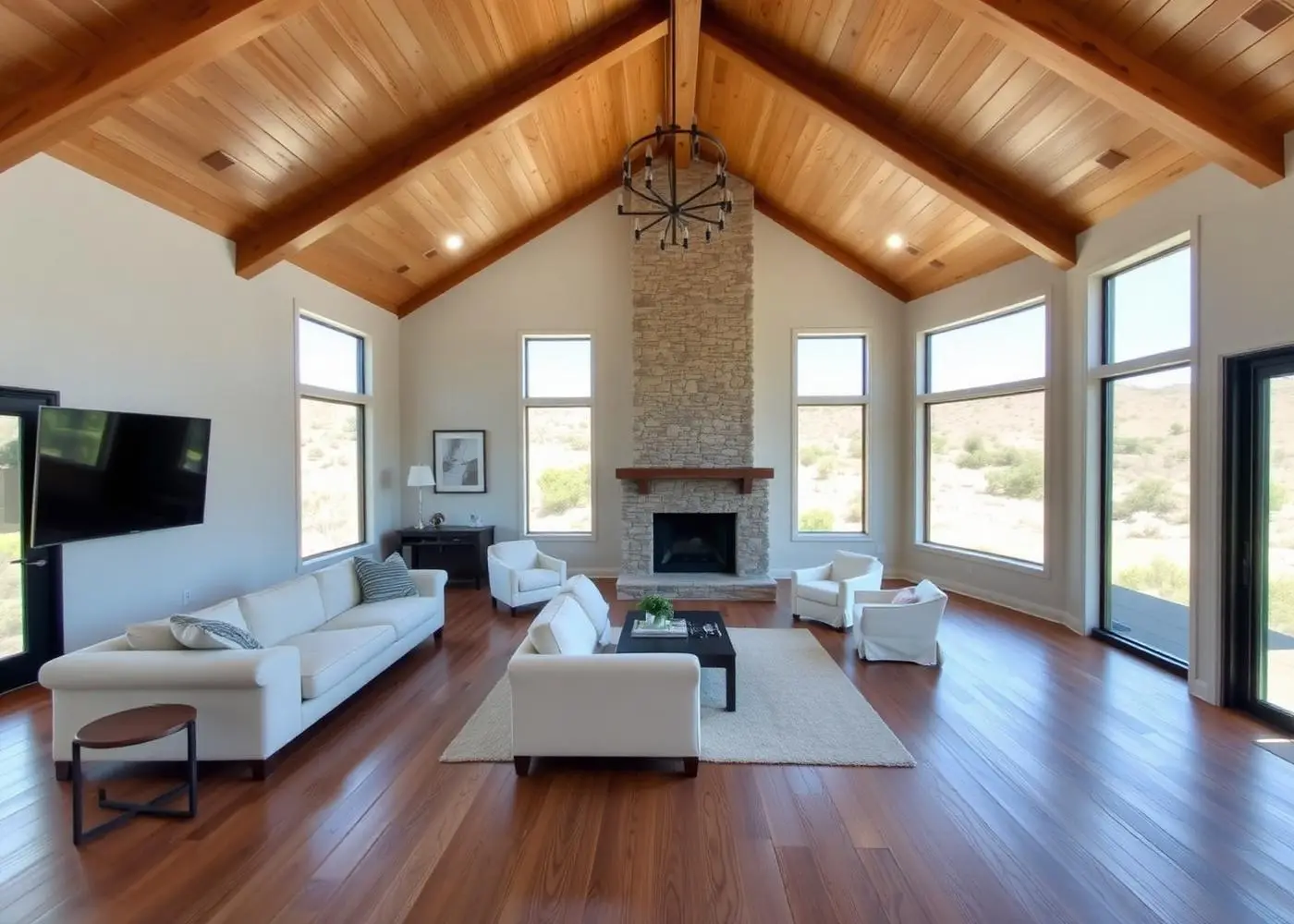 An open great room with a vaulted beamed ceiling, stone fireplace, oak floors, and tall windows looking onto golden hills