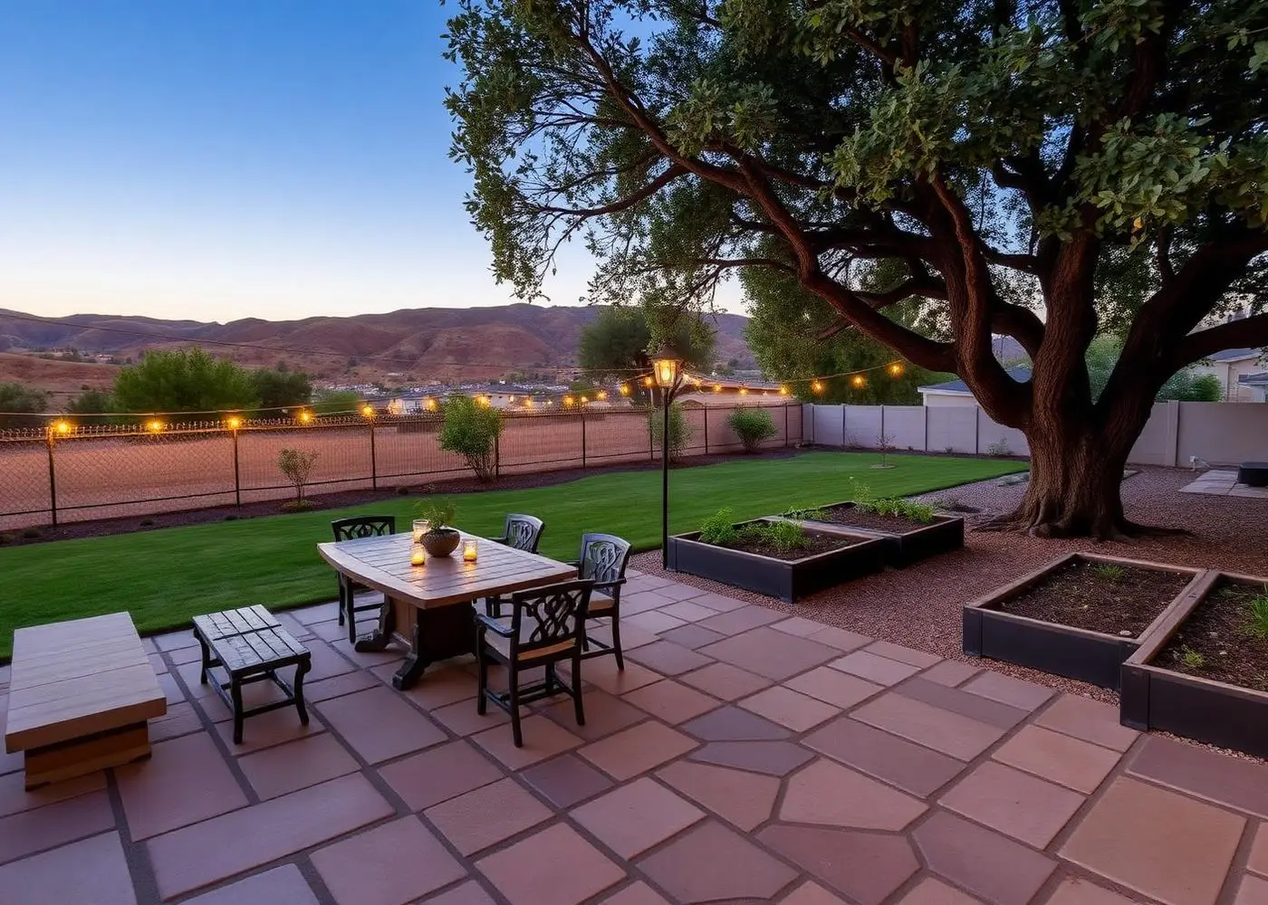A flagstone patio under string lights at dusk with a dining table, raised garden beds, a mature oak, and hills in the distance