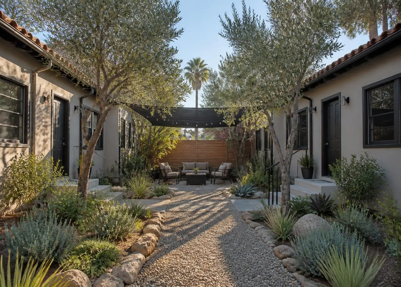 A shaded duplex courtyard with olive trees, gravel paths, and drought-tolerant plantings