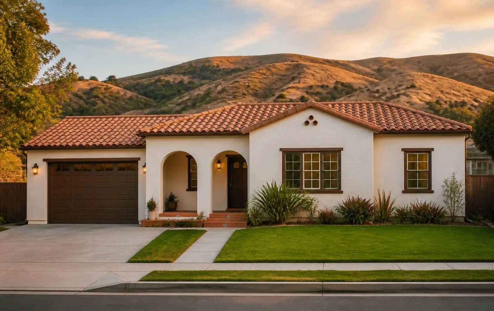 A single-story stucco rental home with a green front lawn, from the Example Residential Rentals sample website