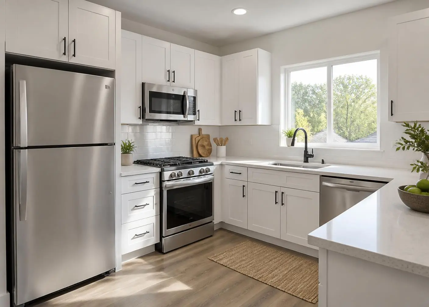 Updated rental kitchen with white cabinets and stainless appliances