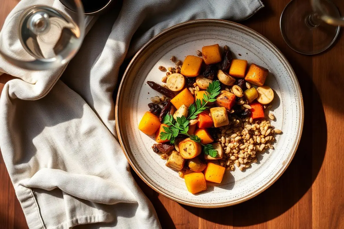 An overhead view of roasted seasonal vegetables and grains plated on a rustic ceramic dish