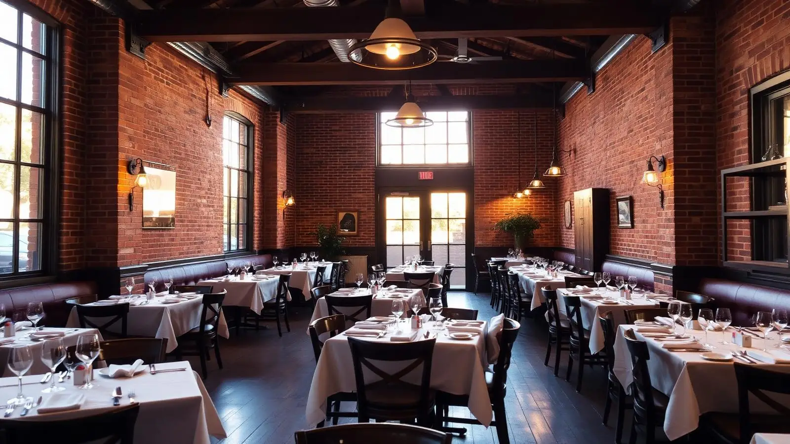 A warm farm-to-table dining room at golden hour, from the Example Restaurant sample website