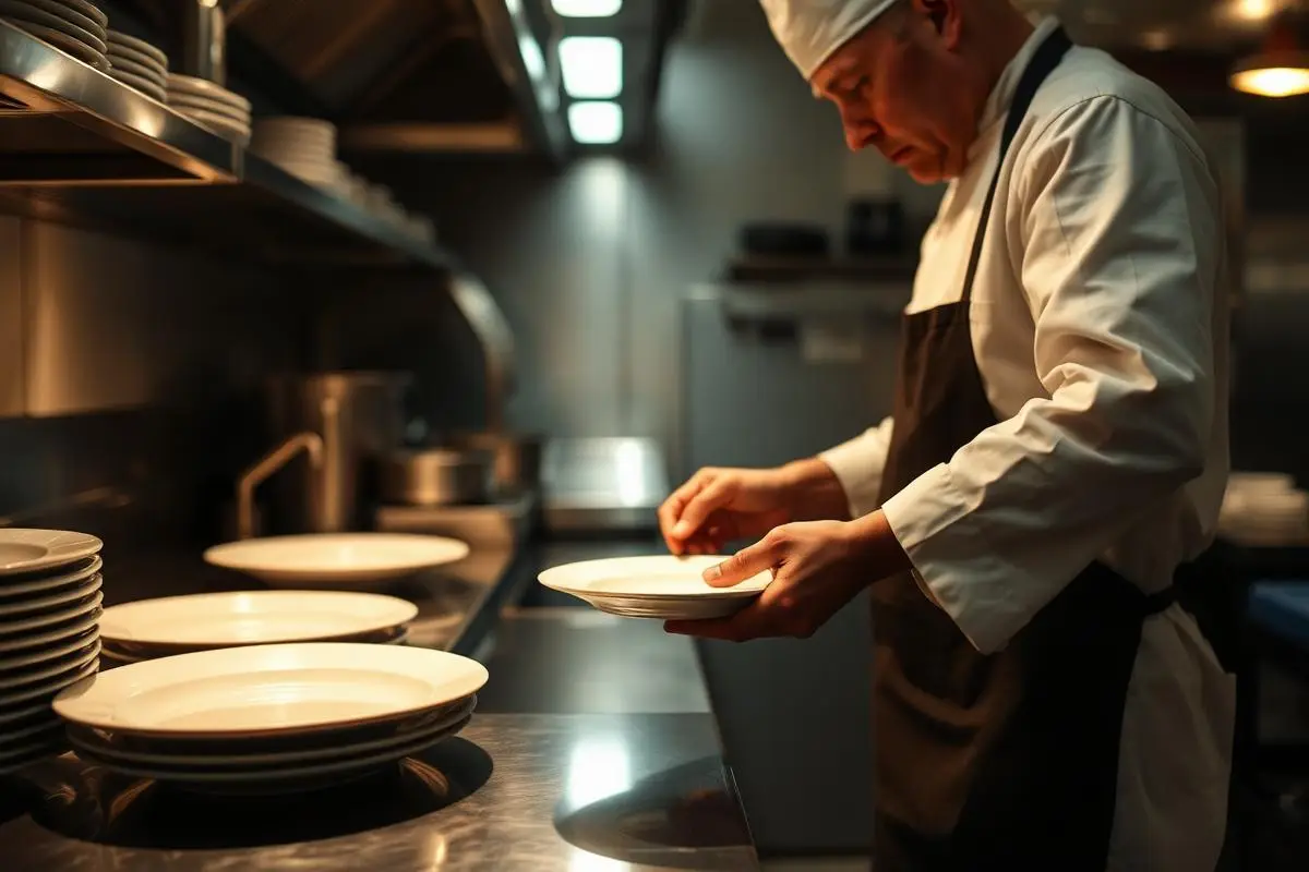 A chef plating a dish on a stainless steel pass in a small open restaurant kitchen