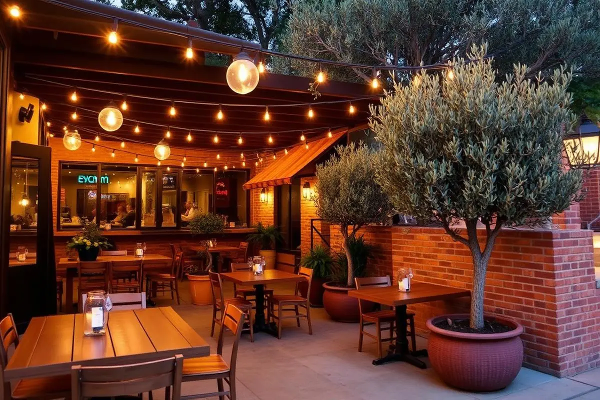 An outdoor restaurant patio at dusk with string lights, wooden tables, and potted olive trees