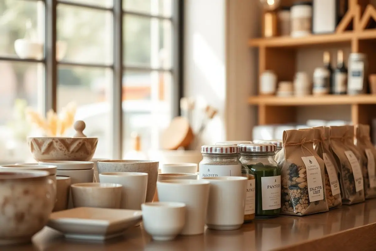Handmade ceramics, candles, and packaged pantry goods arranged on a shop counter