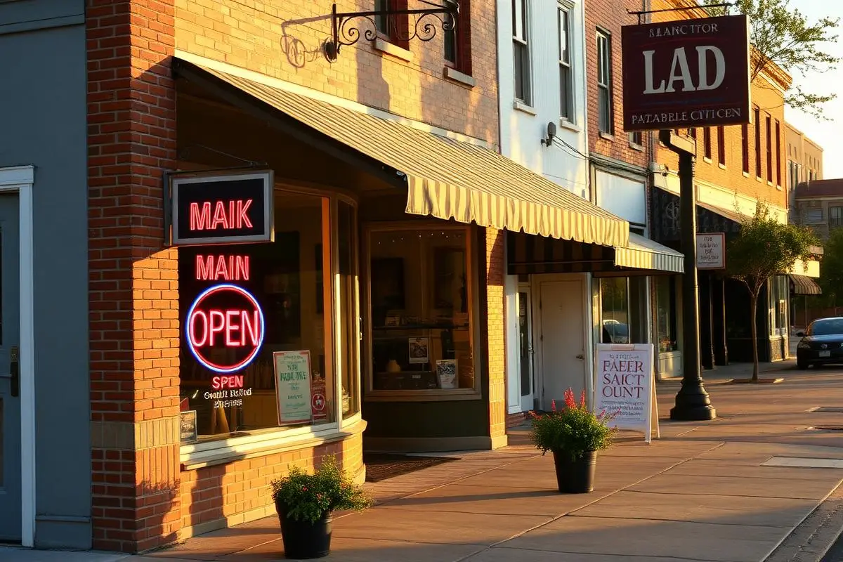 Historic main street storefront with a striped awning and an open sign at golden hour