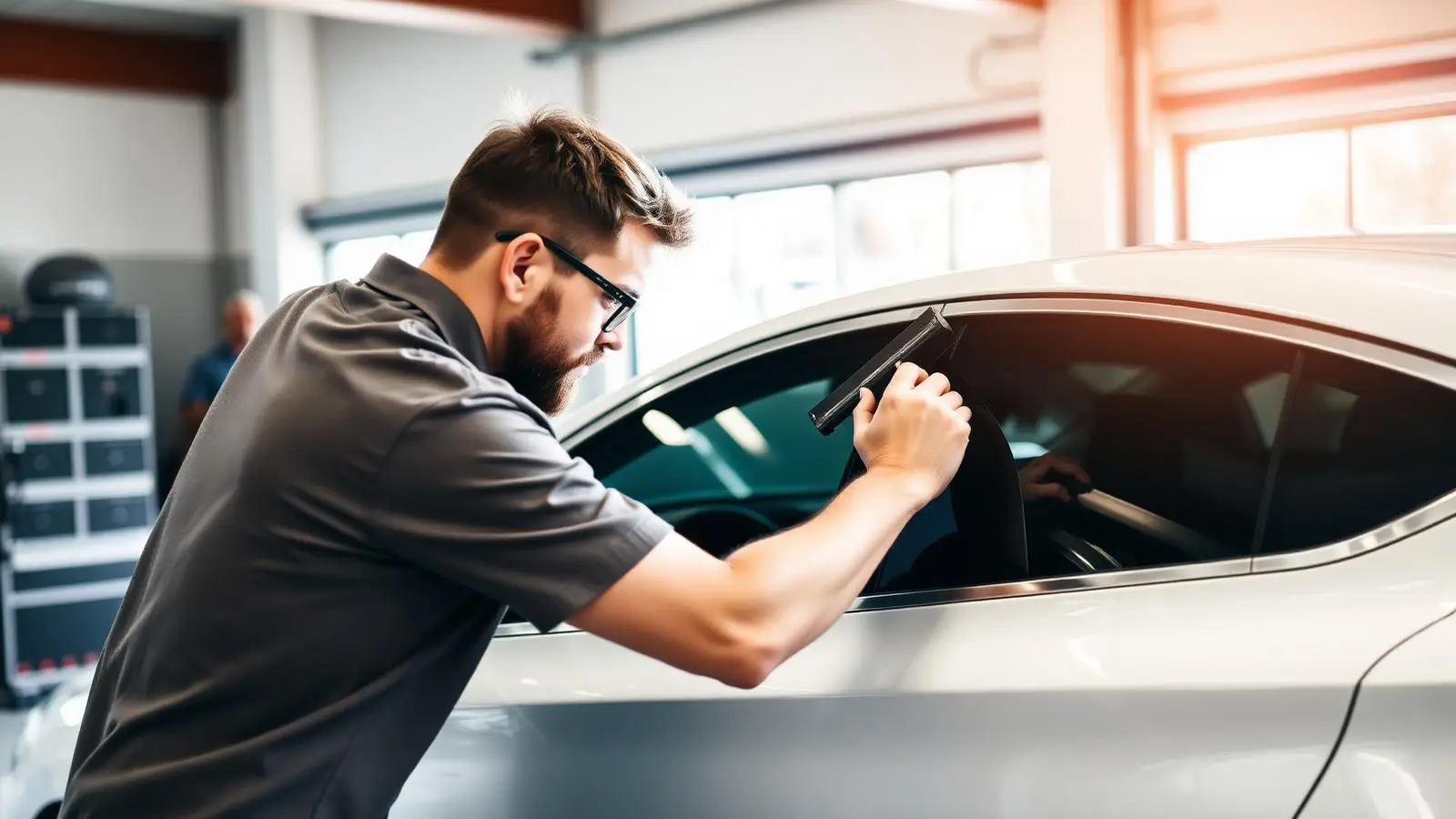 A technician applying window film to a car in an installation bay, from the Example Window Tinting sample website