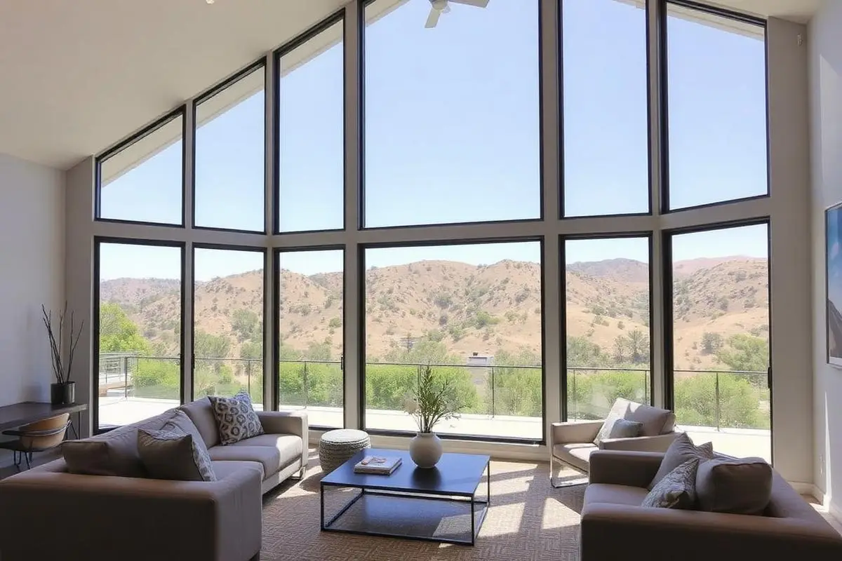 A bright living room with tall windows fitted with clear solar control film, overlooking dry golden hills